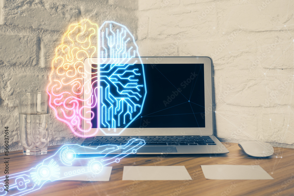 Poster Double exposure of work space with computer and human brain drawing hologram. Brainstorm concept.