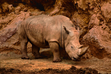 Fototapeta premium African rhinoceros sheltering from the sun among the rocks