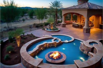 Pool with a built-in hot tub and a fire pit nearby, concept of Relaxation and Luxury, created with Generative AI technology