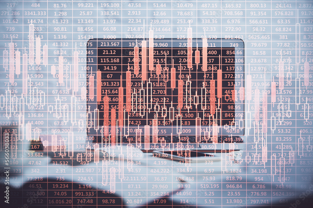 Poster Double exposure of chart and financial info and work space with computer background. Concept of international online trading.