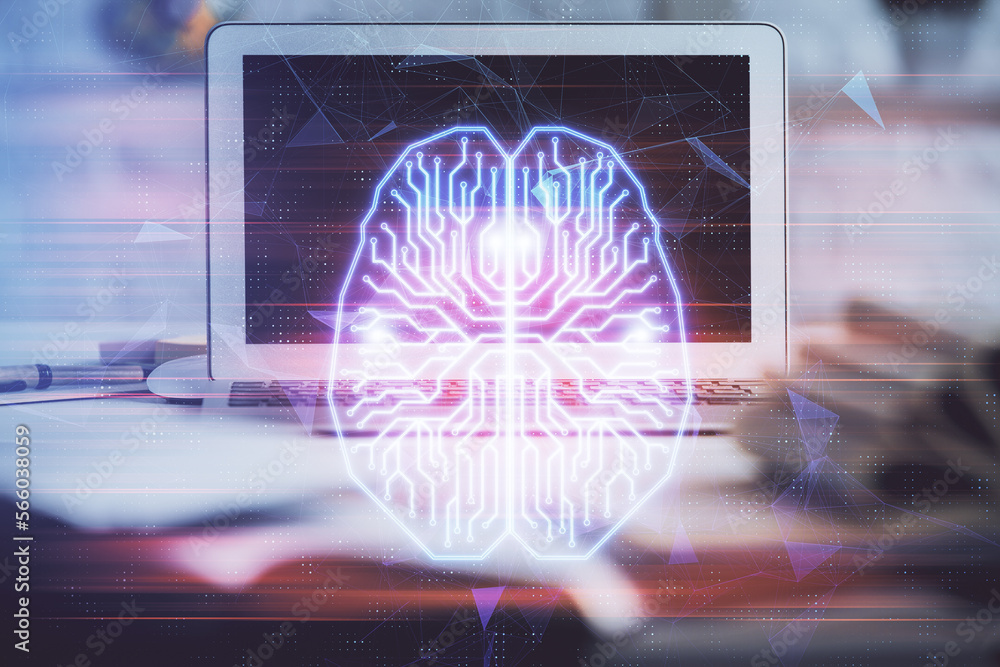 Poster Double exposure of work space with computer and human brain drawing hologram. Brainstorm concept.