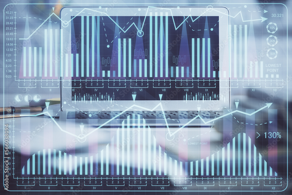 Poster double exposure of forex chart and work space with computer. concept of international online trading
