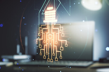 Fototapeta premium Creative idea concept with light bulb and microcircuit illustration on modern laptop background. Neural networks and machine learning concept. Multiexposure