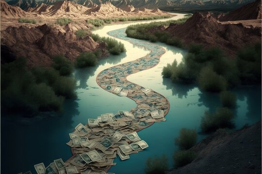 River of money, concept of Wealth and Abundance, created with Generative AI technology