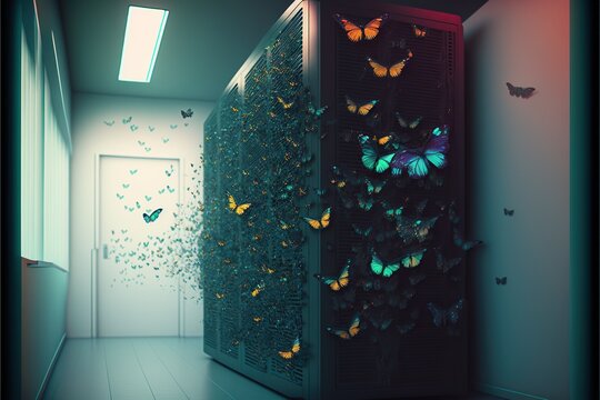 Server Room Full Of Butterflies, Concept Of Metamorphosis And Transformation, Created With Generative AI Technology