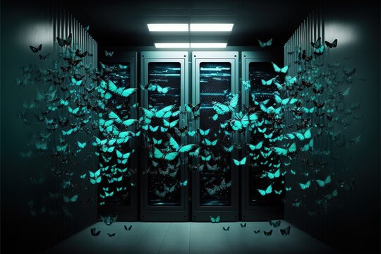 Server Room Full Of Butterflies, Concept Of Metamorphosis And Transformation, Created With Generative AI Technology