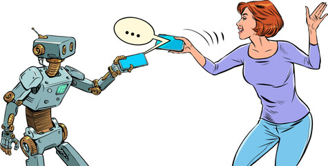 robot and woman communicate in a messenger on the phone