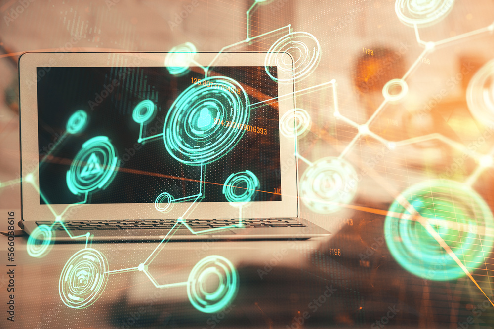Poster computer on desktop with social network hologram. multi exposure. concept of international people co