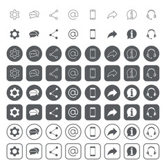 Web user interface icons. icon set contains such icons as gear, speech bubble, share sign, 'at' symbol, smart phone, contact us, headset.