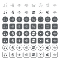 Web user interface icons. icon set contains such icons as music note, sound mixer, speaker, play button, mute button, sound wave.