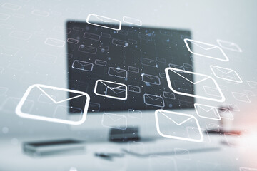Creative abstract postal envelopes hologram on modern computer background, email and notification...