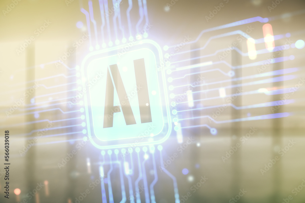 Poster double exposure of creative artificial intelligence icon on empty modern office background. neural n