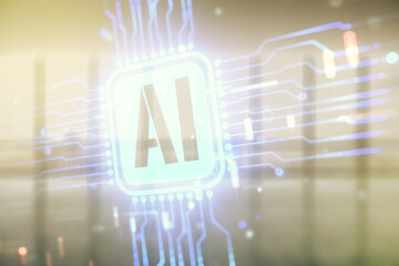 Double exposure of creative artificial Intelligence icon on empty modern office background. Neural networks and machine learning concept
