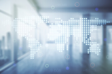 Multi exposure of abstract creative digital world map hologram on empty corporate office background, tourism and traveling concept