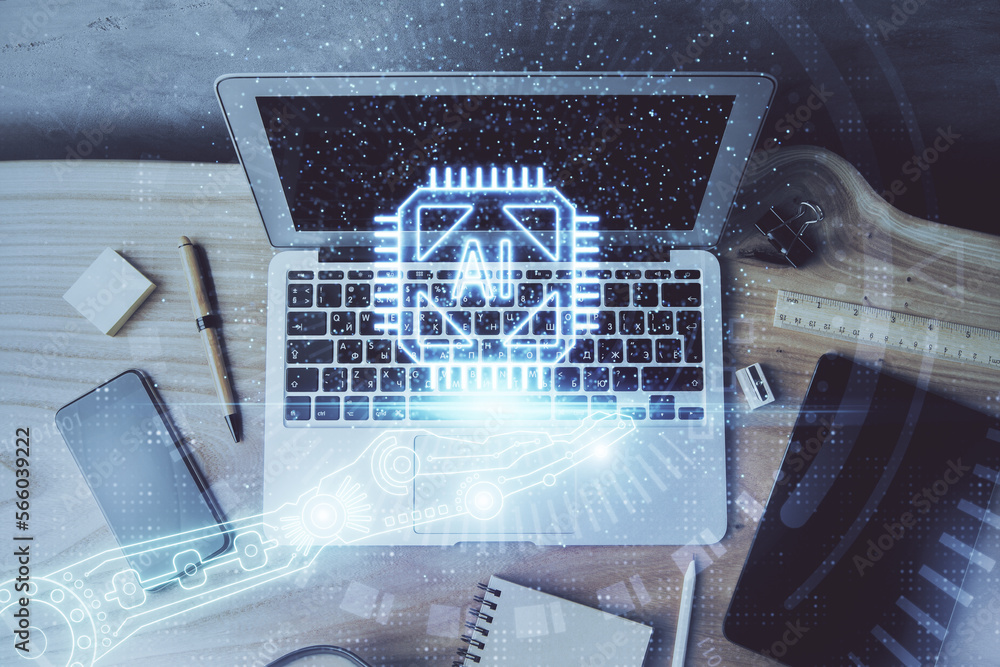 Aufkleber Double exposure of desktop computer and technology theme hologram. Concept of software development.