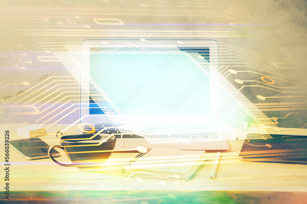 Aufkleber Double exposure of desktop computer and technology theme hologram. Concept of software development.