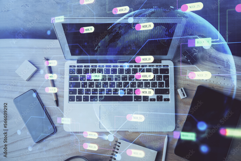 Poster Double exposure of desktop computer and technology theme hologram. Concept of software development.