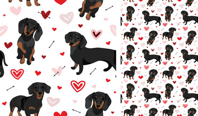Dachshund dog Valentine's day heart wallpaper. Love doodles hearts with Doxie pets holiday texture. square background, repeatable pattern. St Valentine's day wallpaper, valentine present, print tiles.