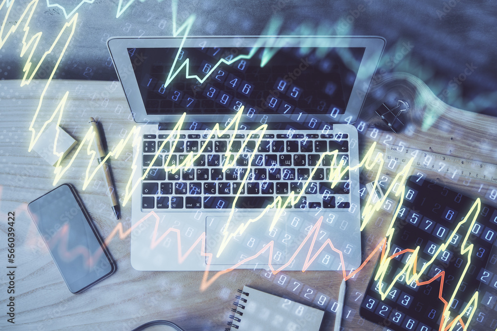 Poster double exposure of forex chart and work space with computer. concept of international online trading