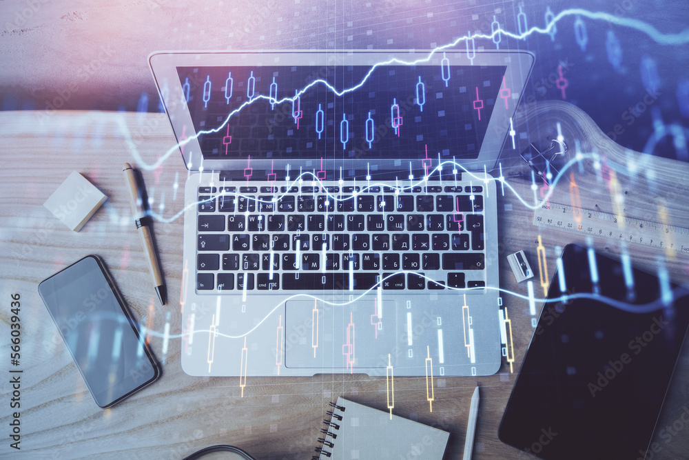 Poster Double exposure of forex chart and work space with computer. Concept of international online trading.