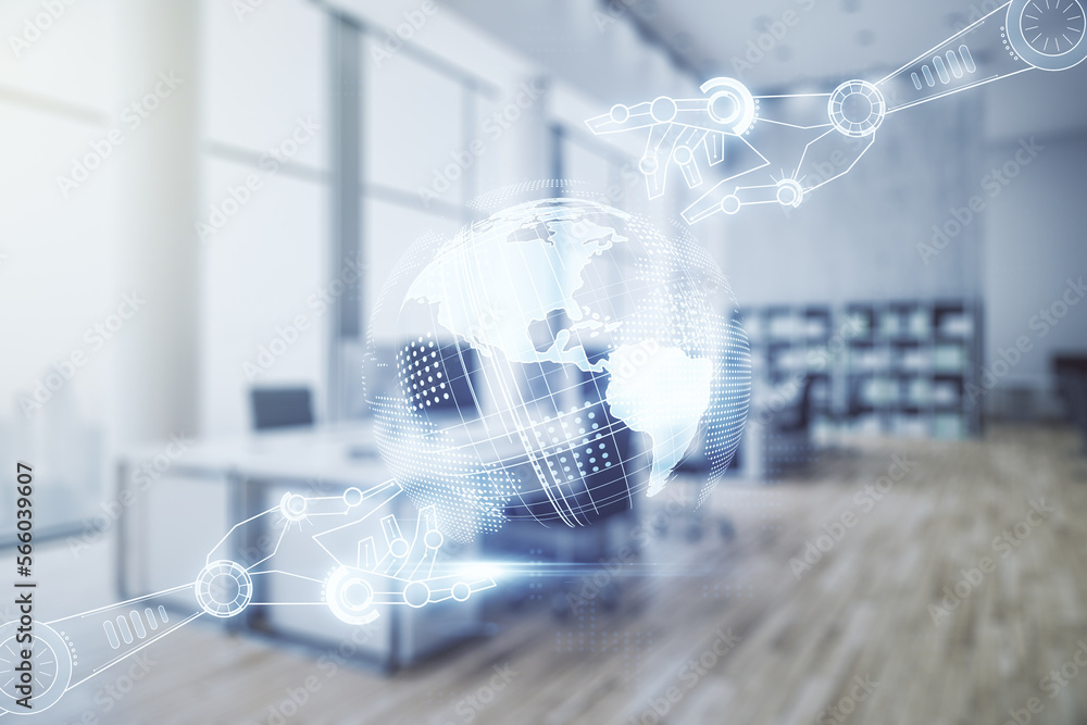 Poster abstract virtual robotics technology sketch with globe on a modern furnished office interior backgro