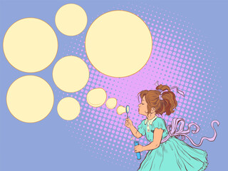 A little girl in a blue dress makes soap bubbles. There were several offers, services, promotions. Business for children. Pop Art Retro