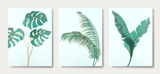 Fototapeta na wymiar Abstract luxury art background with tropical leaves in blue and green tones. Botanical minimalist print set for interior design, poster, textile, wallpaper, packaging.