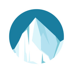 Round floating iceberg, drifting arctic glacier, block of frozen ocean water. Icy mountains with snow. Melting ice peak. Antarctic snowy landscape. South and North Pole. Vector illustration