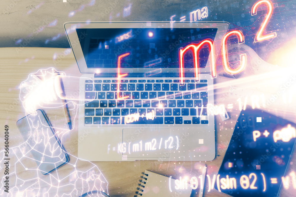 Poster desktop computer background and formula hologram writing. double exposure. education concept.