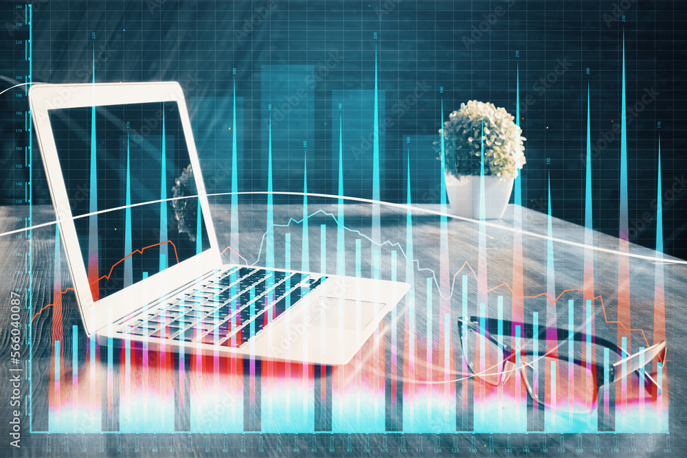 Poster double exposure of forex chart and work space with computer. concept of international online trading