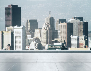 Empty concrete rooftop on the background of a beautiful San Francisco city skyline at daytime, mockup