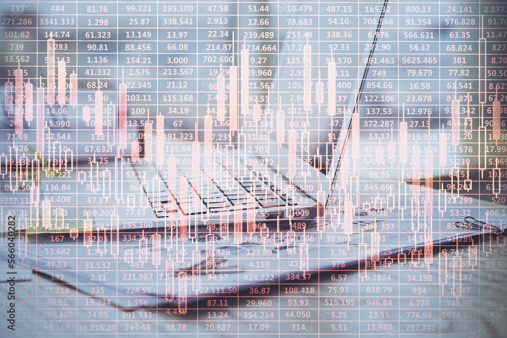 Poster double exposure of forex chart and work space with computer. concept of international online trading