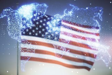 Abstract creative world map interface on USA flag and sunset sky background, international trading...