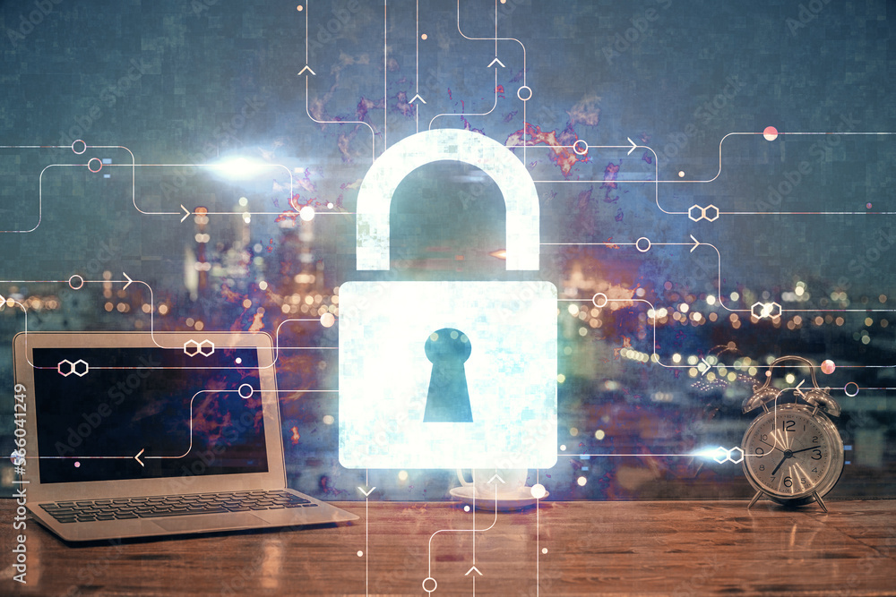 Leinwandbilder double exposure of desktop with computer and lock icon hologram. concept of data safety.