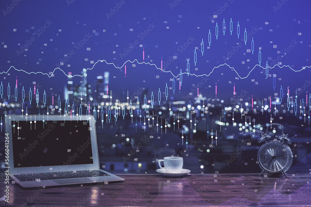 Poster double exposure of forex chart and work space with computer. concept of international online trading