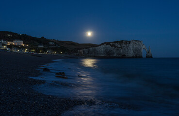 Beach of Etretat on the opal coast at night.