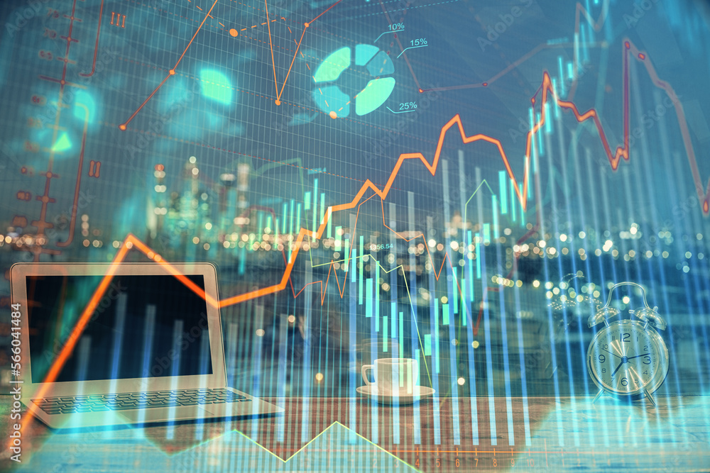Poster double exposure of forex chart and work space with computer. concept of international online trading