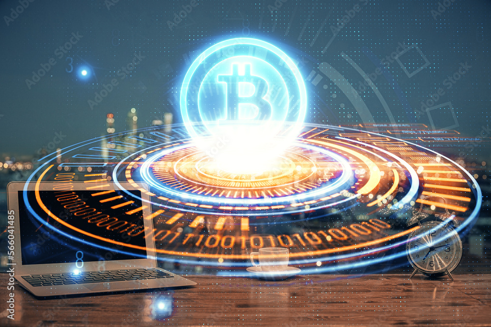 Poster Multi exposure of blockchain theme hologram and table with computer background. Concept of bitcoin crypto currency.
