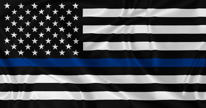 American National flag, with police support symbol. Black and white stripes with blue line.