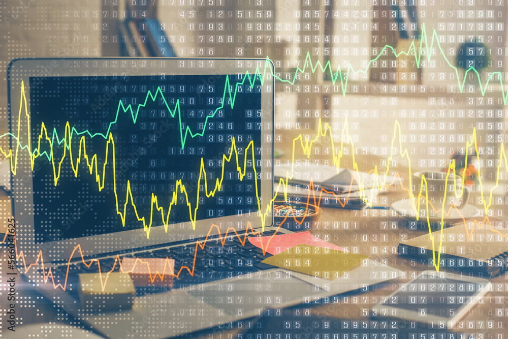 Poster double exposure of forex chart and work space with computer. concept of international online trading