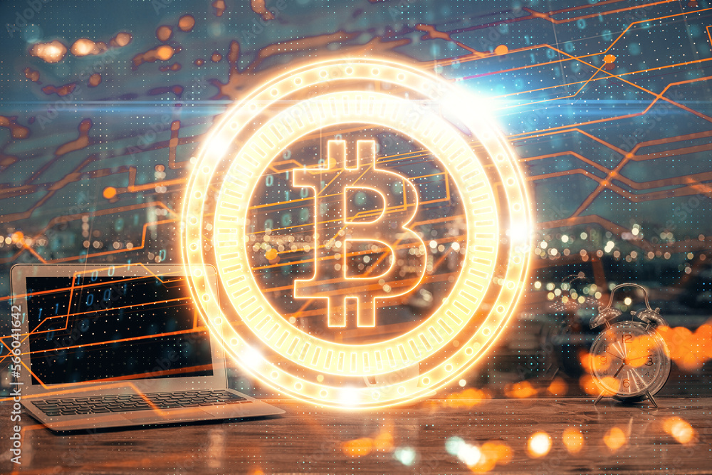 Aufkleber Multi exposure of blockchain theme hologram and table with computer background. Concept of bitcoin crypto currency.