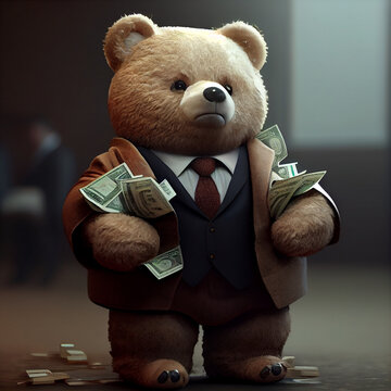 Naklejka Rich teddy bear with a lot of money, millionaire teddy bear businessman illustration
