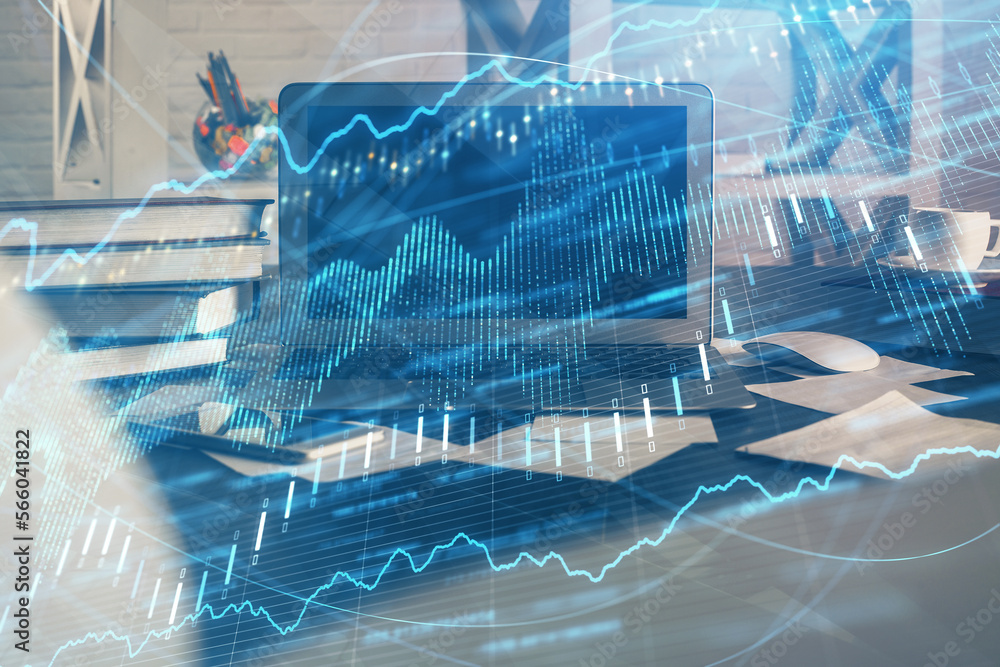 Poster double exposure of forex chart and work space with computer. concept of international online trading
