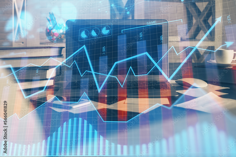 Poster Double exposure of chart and financial info and work space with computer background. Concept of international online trading.