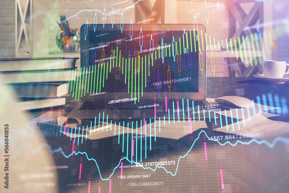 Poster double exposure of forex chart and work space with computer. concept of international online trading