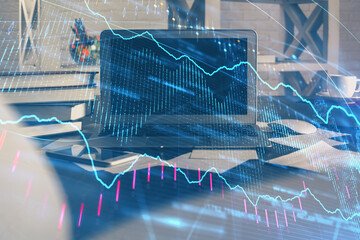Double exposure of forex chart and work space with computer. Concept of international online trading.