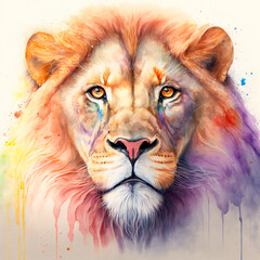 Watercolor lion portrait painting. Realistic wild animal illustration. Created with Generative AI technology.