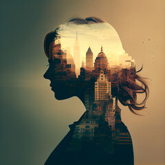Business background, businesswoman double exposure effect and city buildings illustration - obrazy, fototapety, plakaty