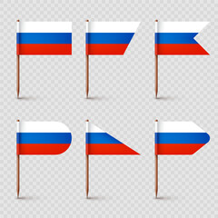 Realistic various Russian toothpick flags. Souvenir from Russia. Wooden toothpicks with paper flag. Location mark, map pointer. Blank mockup for advertising and promotions. Vector illustration