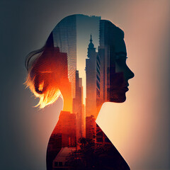 Business background, businesswoman double exposure effect and city buildings illustration